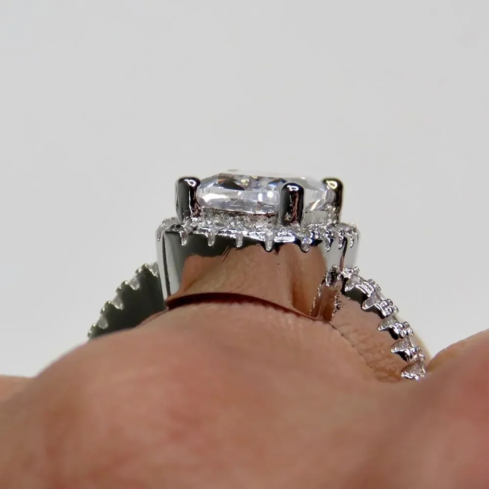 Macy's Square Cut Sterling Silver Moissanite Diamond Halo Ring S925 Size 7
